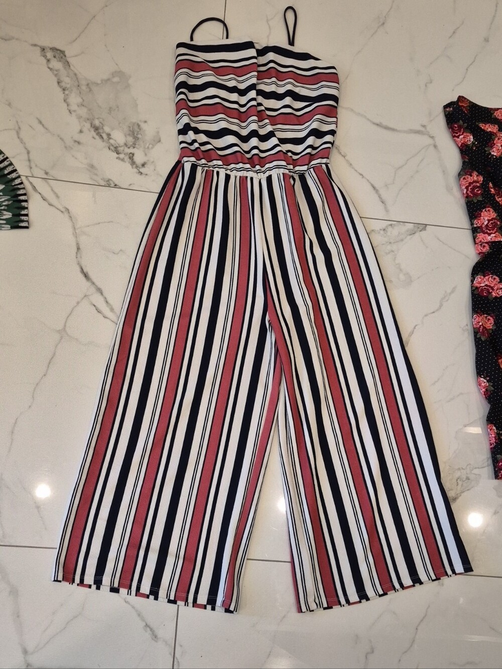 Sleeveless Striped Wide-Leg Jumpsuit - Navy, Red & White